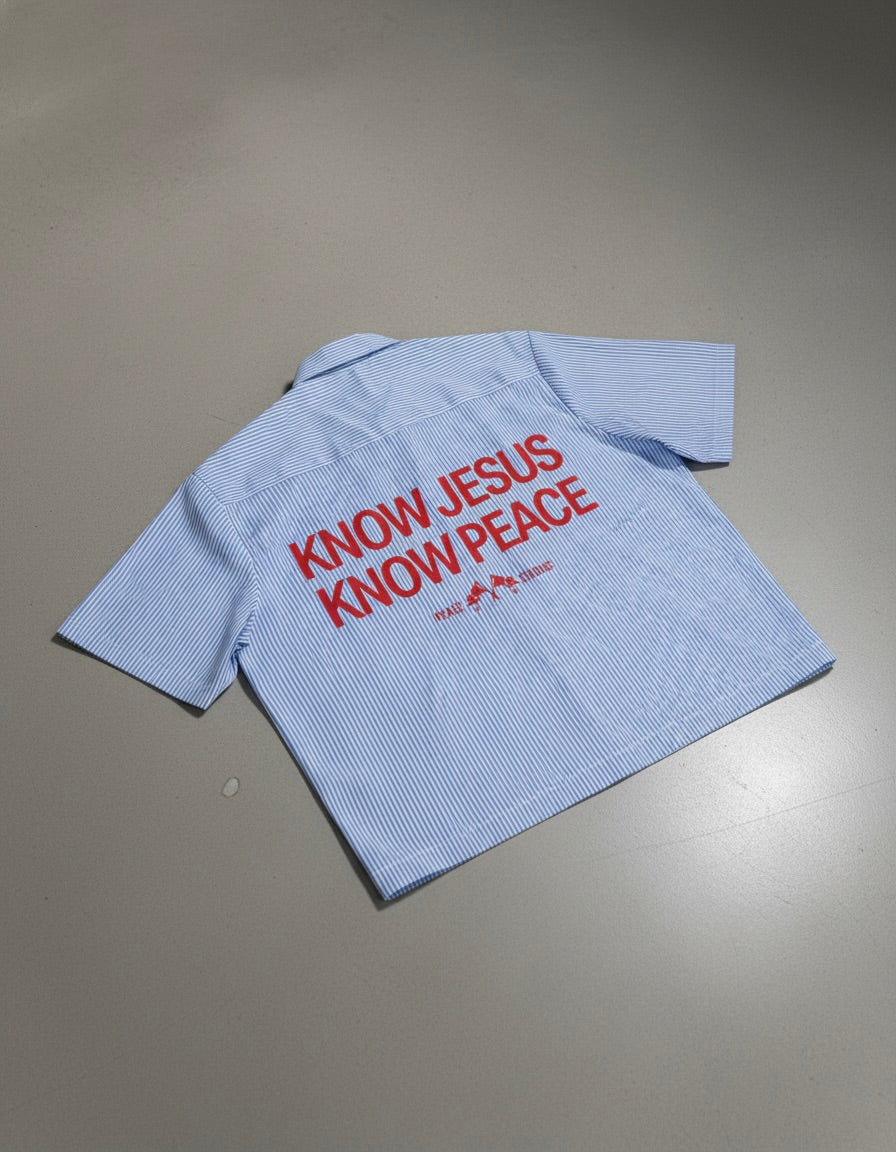 Know Jesus, Know Peace Oversized Blue Stripe Boxy Shirt | Peace®
