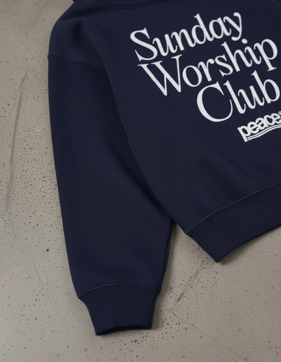 Sunday Worship Club Navy Blue Oversized Heavyweight Hoodie | Peace®
