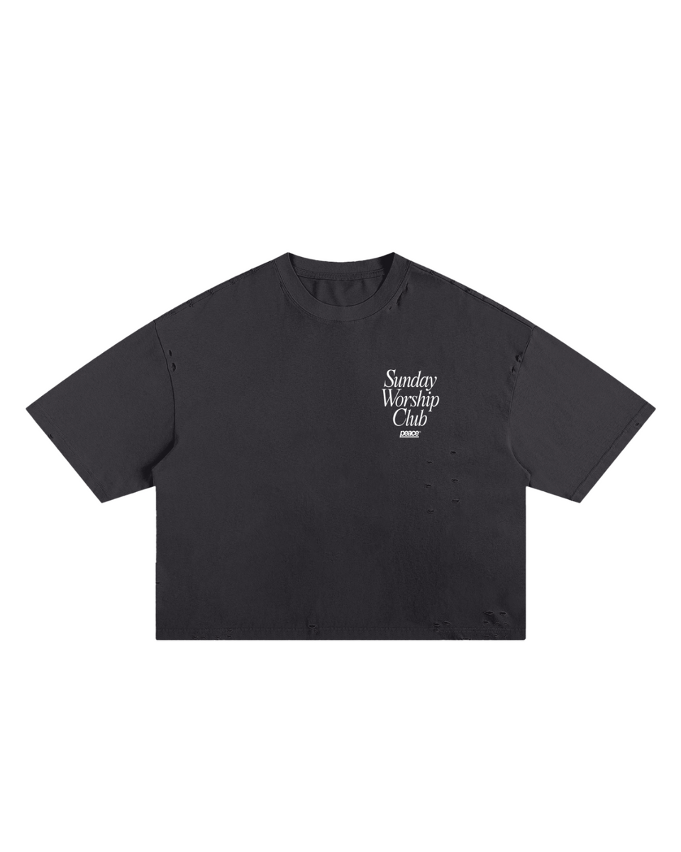 Sunday Worship Club Frayed Boxy Tee Wash Black | Peace®