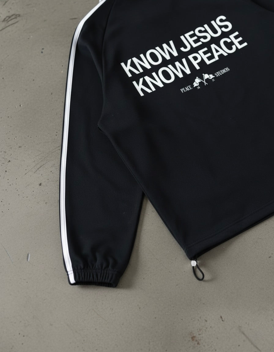 Know Jesus, Know Peace Signature Black Striped Collar Sweatshirt | Peace®