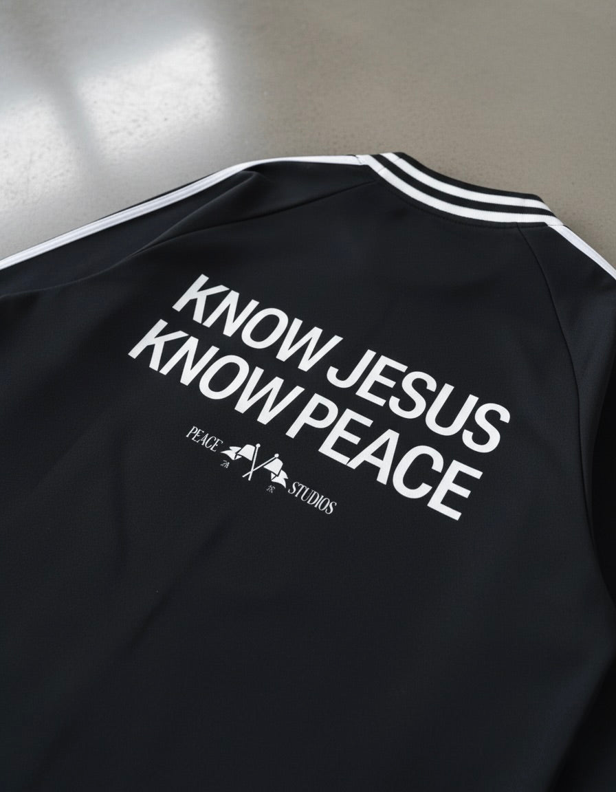 Know Jesus, Know Peace Signature Black Striped Collar Sweatshirt | Peace®