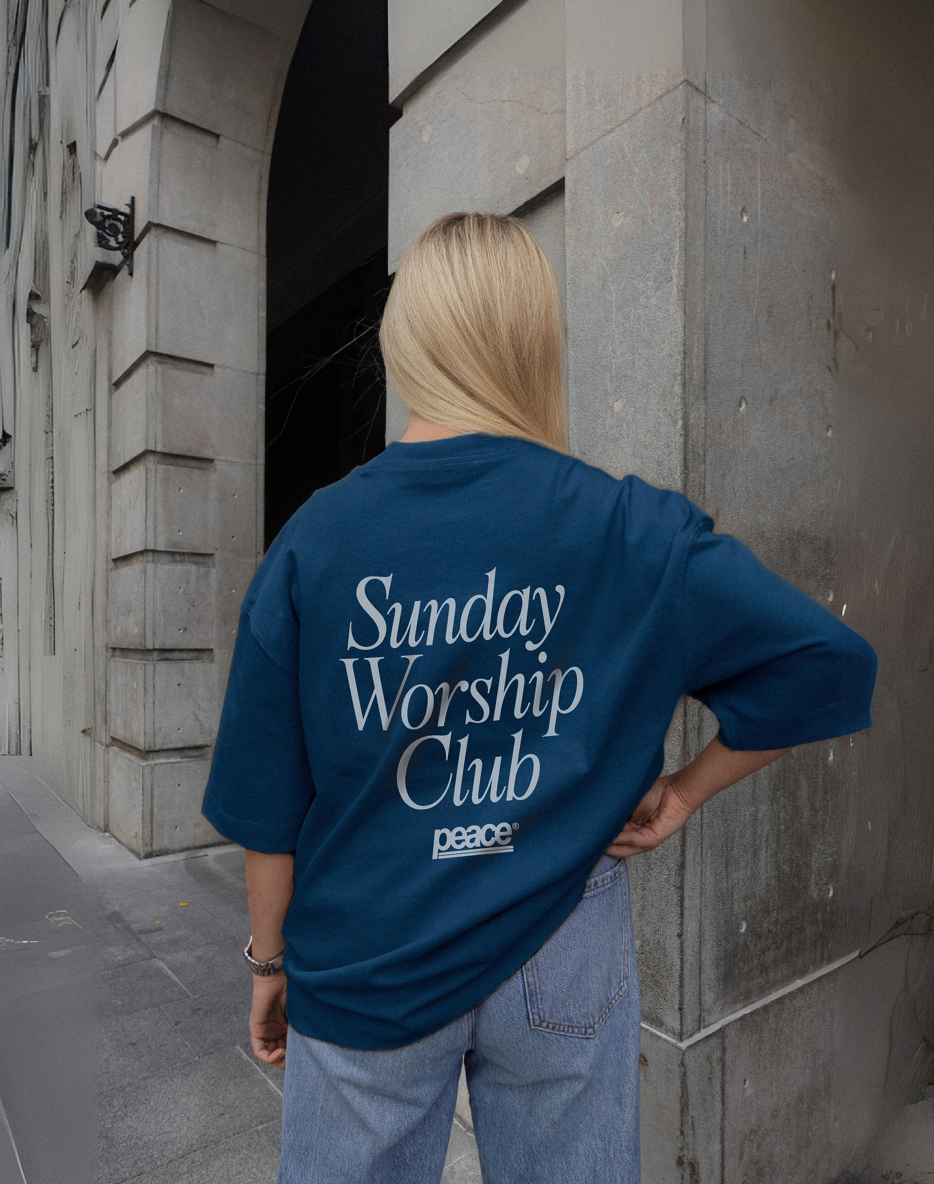 Sunday Worship Club Navy - Women’s Blue Loose Fit Heavyweight Tee | Peace®
