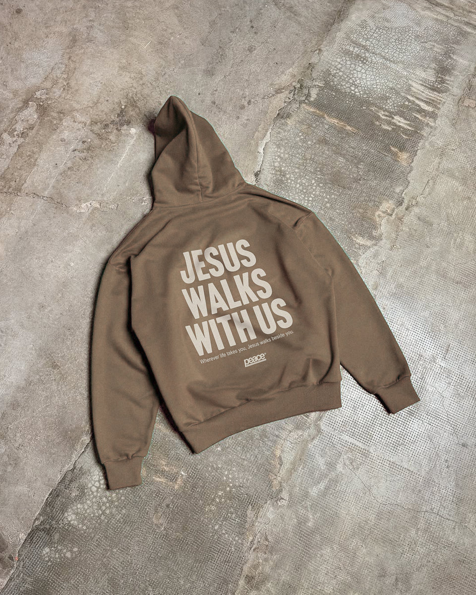 Jesus Walks With Us Gray Coffee Oversized Heavyweight Hoodie | Peace®