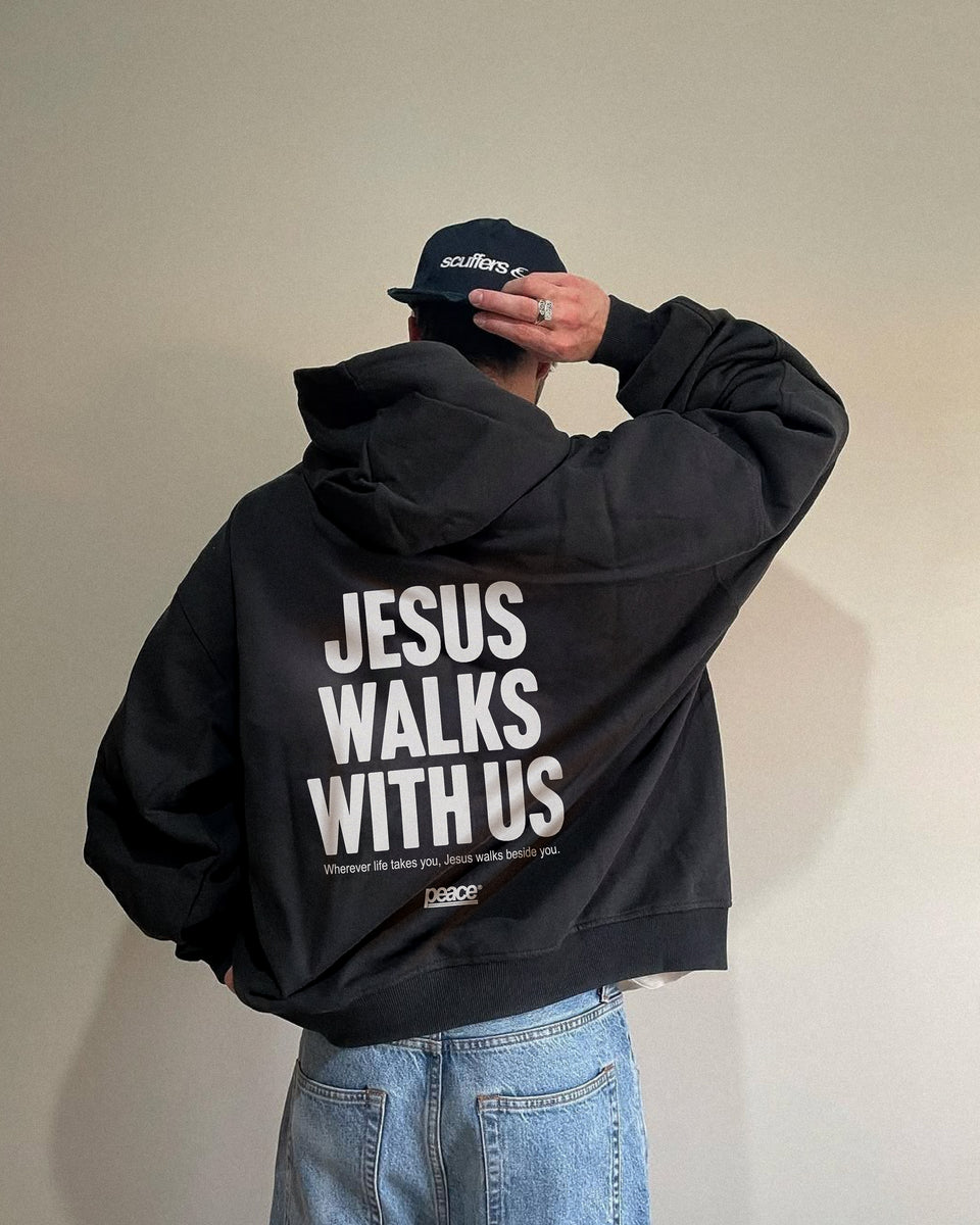 Jesus Walks With Us Black Oversized Heavyweight Hoodie | Peace®