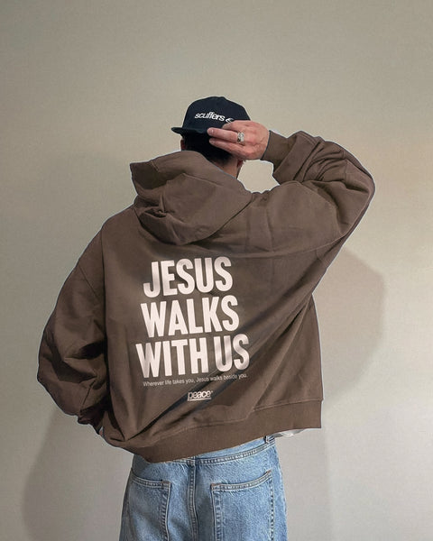 Jesus Walks With Us Gray Coffee Oversized Heavyweight Hoodie | Peace®