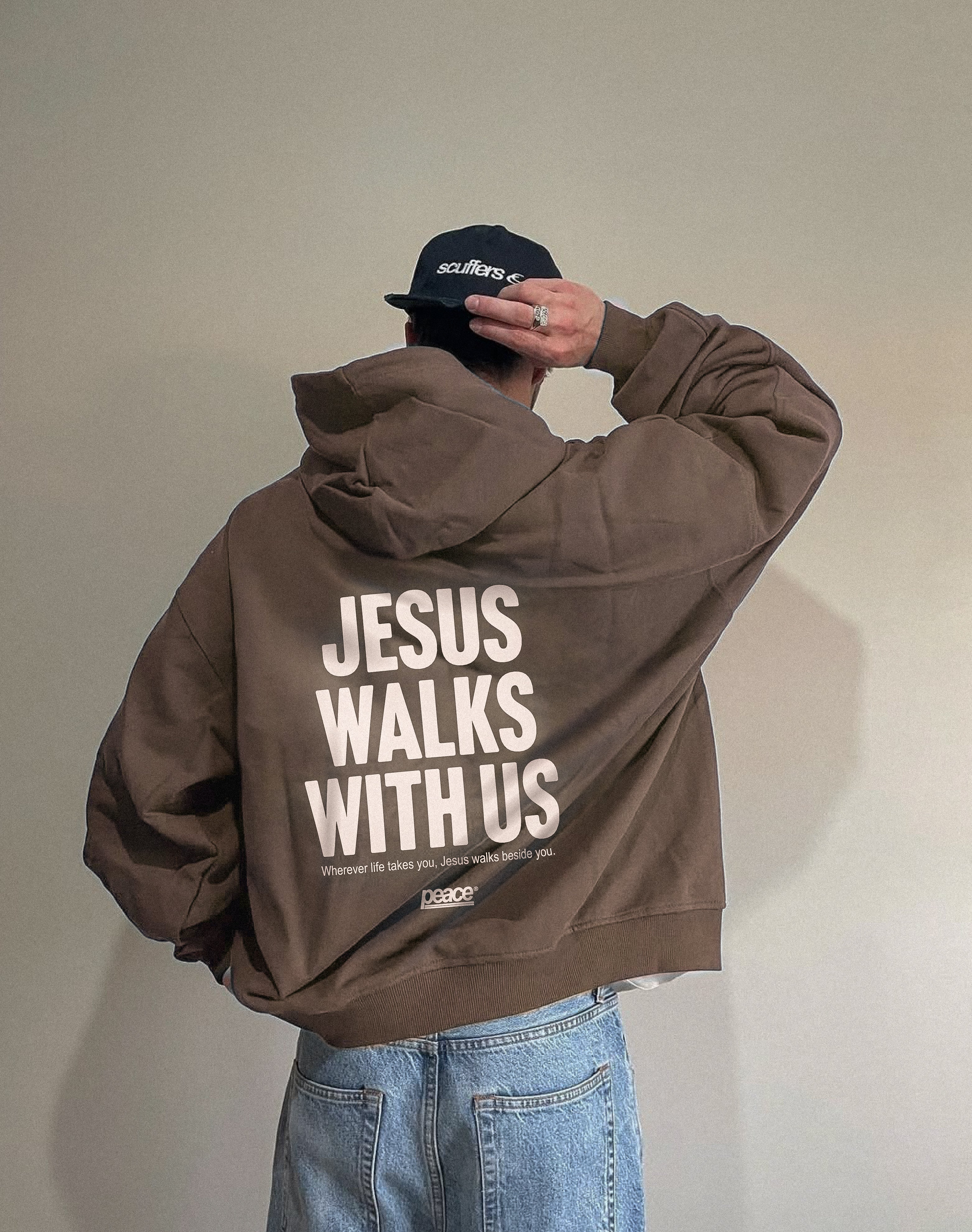 Jesus Walks With Us Gray Coffee Oversized Heavyweight Hoodie | Peace® ODMPOD