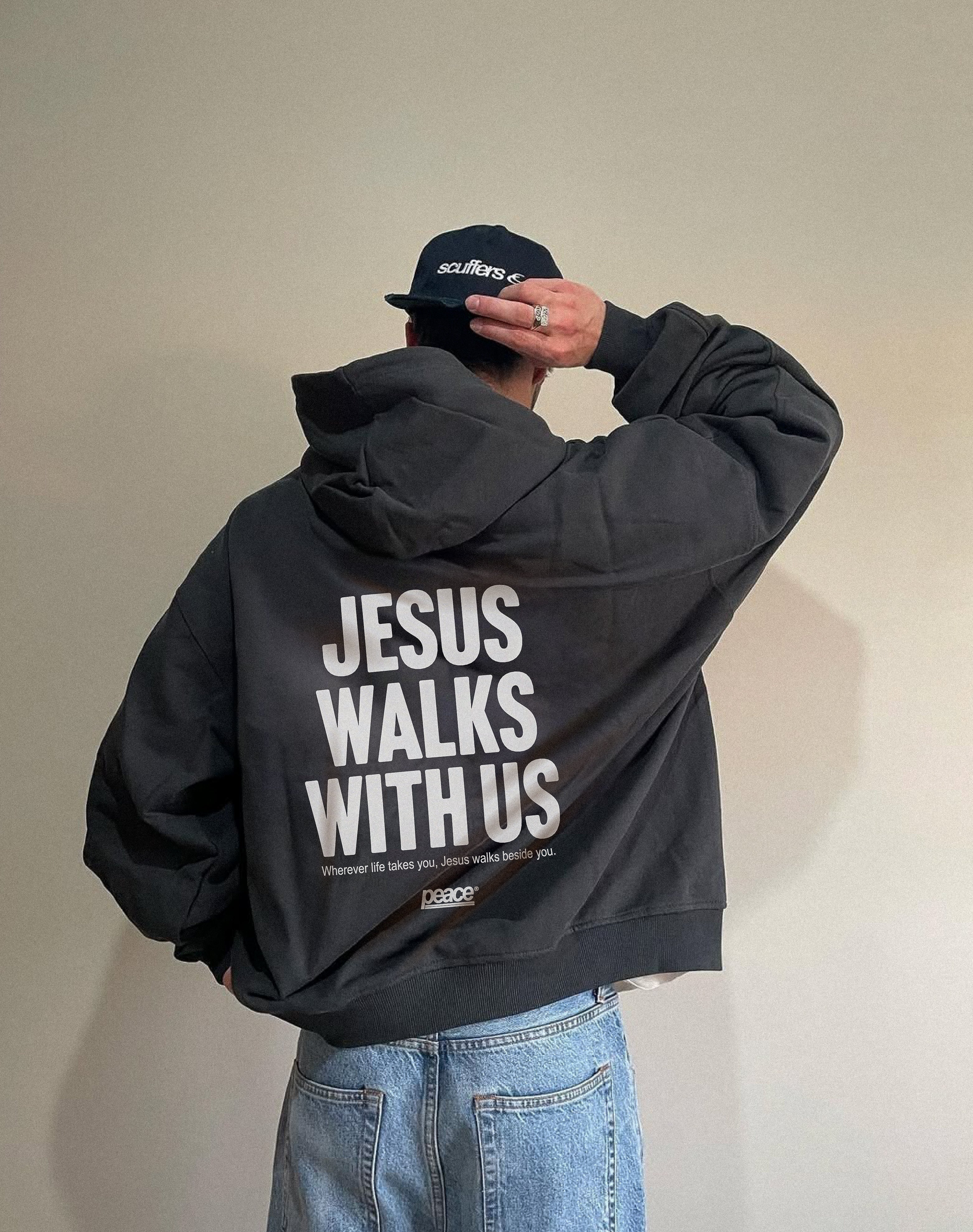 Jesus Walks With Us Gray Coffee Oversized Heavyweight Hoodie | Peace® ODMPOD