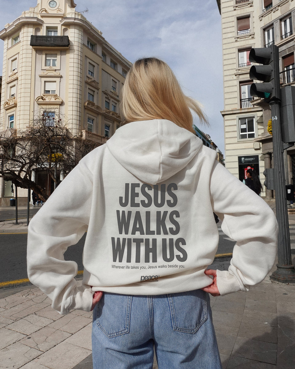 Jesus Walks With Us Gray Coffee Oversized Heavyweight Hoodie | Peace®