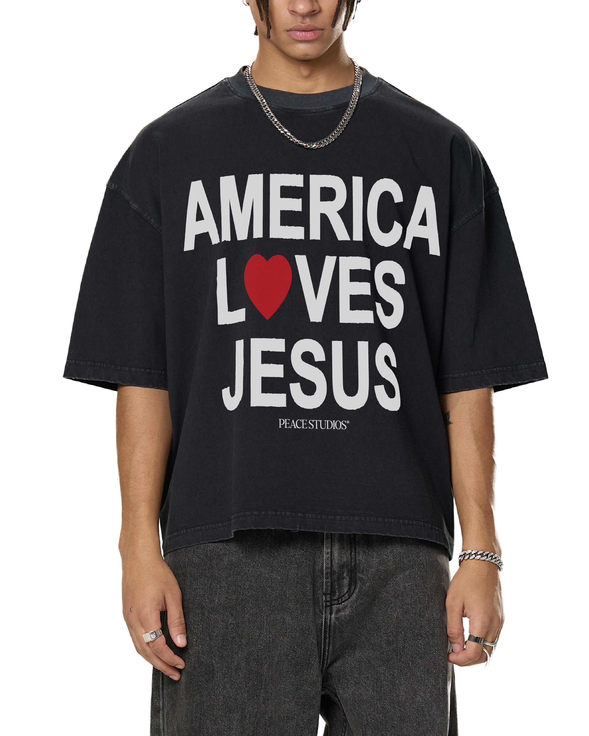 America Loves Jesus Black Vintage Washed Boxy T-Shirt | Peace®