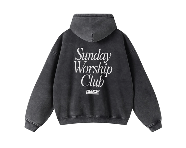 Sunday Worship Club Premium Black Acid Washed Oversized Hoodie | Peace®