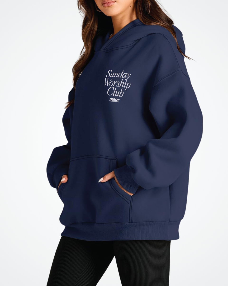 Sunday Worship Club Navy Blue Oversized Heavyweight Hoodie | Peace®