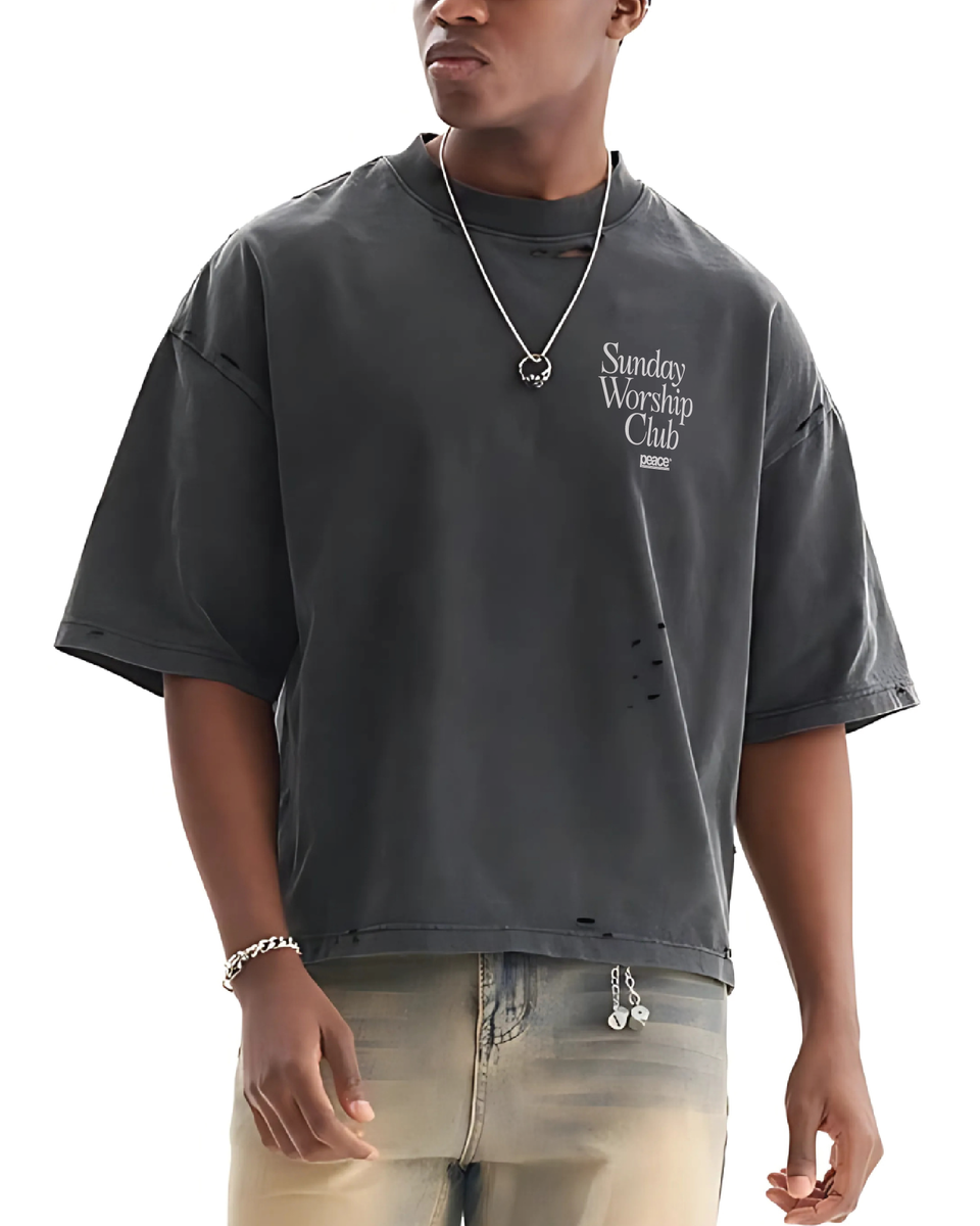 Sunday Worship Club Frayed Boxy Tee Wash Black | Peace®