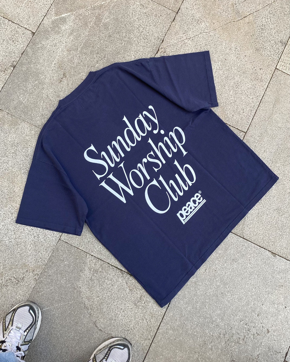 Sunday Worship Club Navy Blue Loose Fit Heavyweight Tee | Peace®