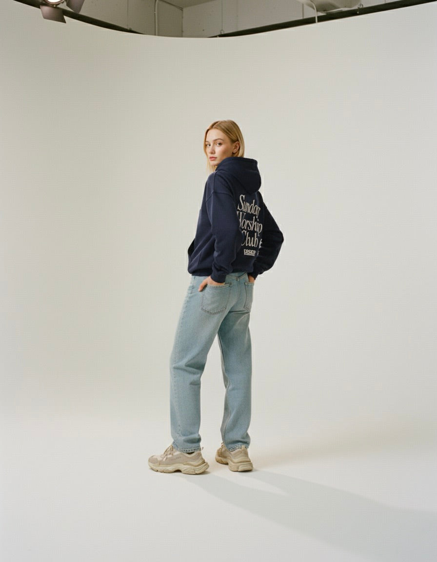 Sunday Worship Club Navy Blue Oversized Heavyweight Hoodie | Peace®