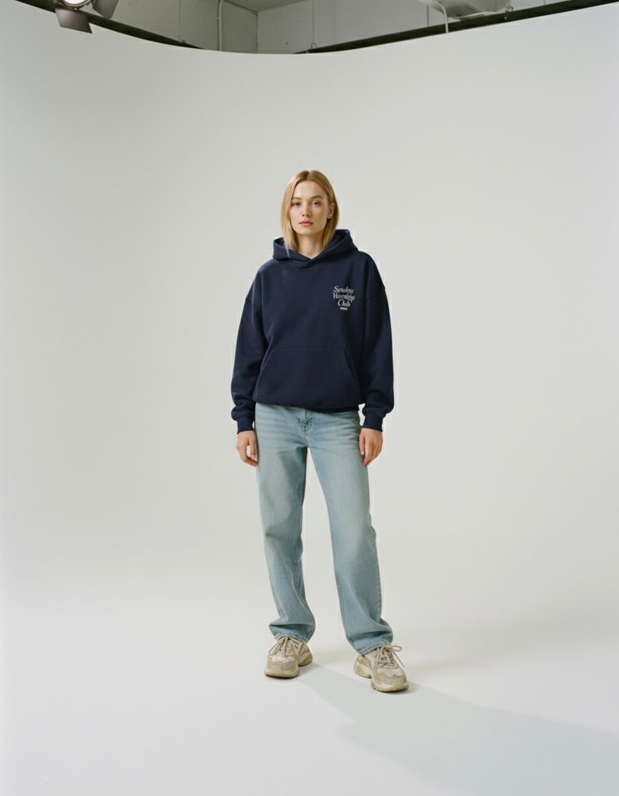 Sunday Worship Club Navy Blue Oversized Heavyweight Hoodie | Peace®