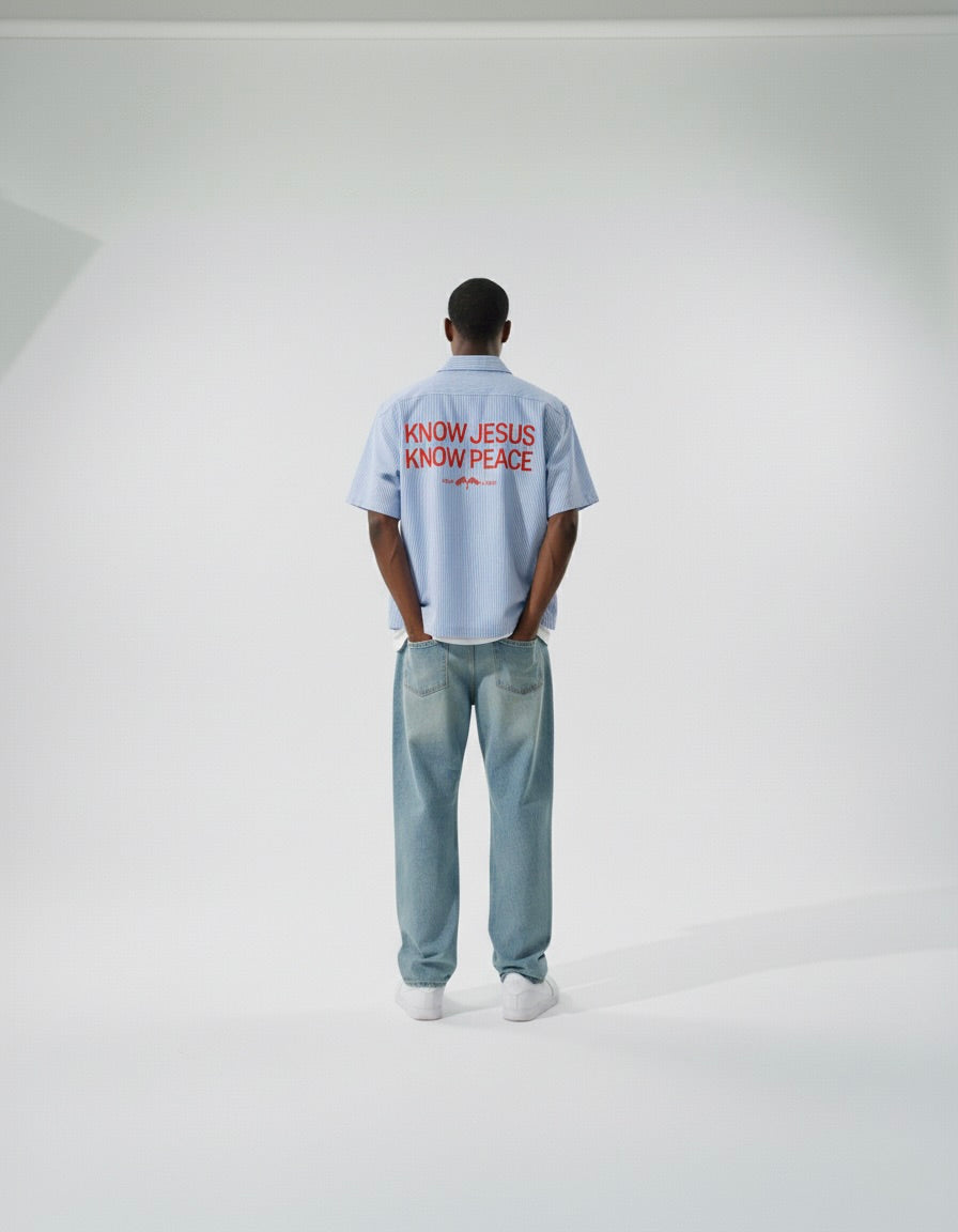 Know Jesus, Know Peace Oversized Blue Stripe Boxy Shirt | Peace®