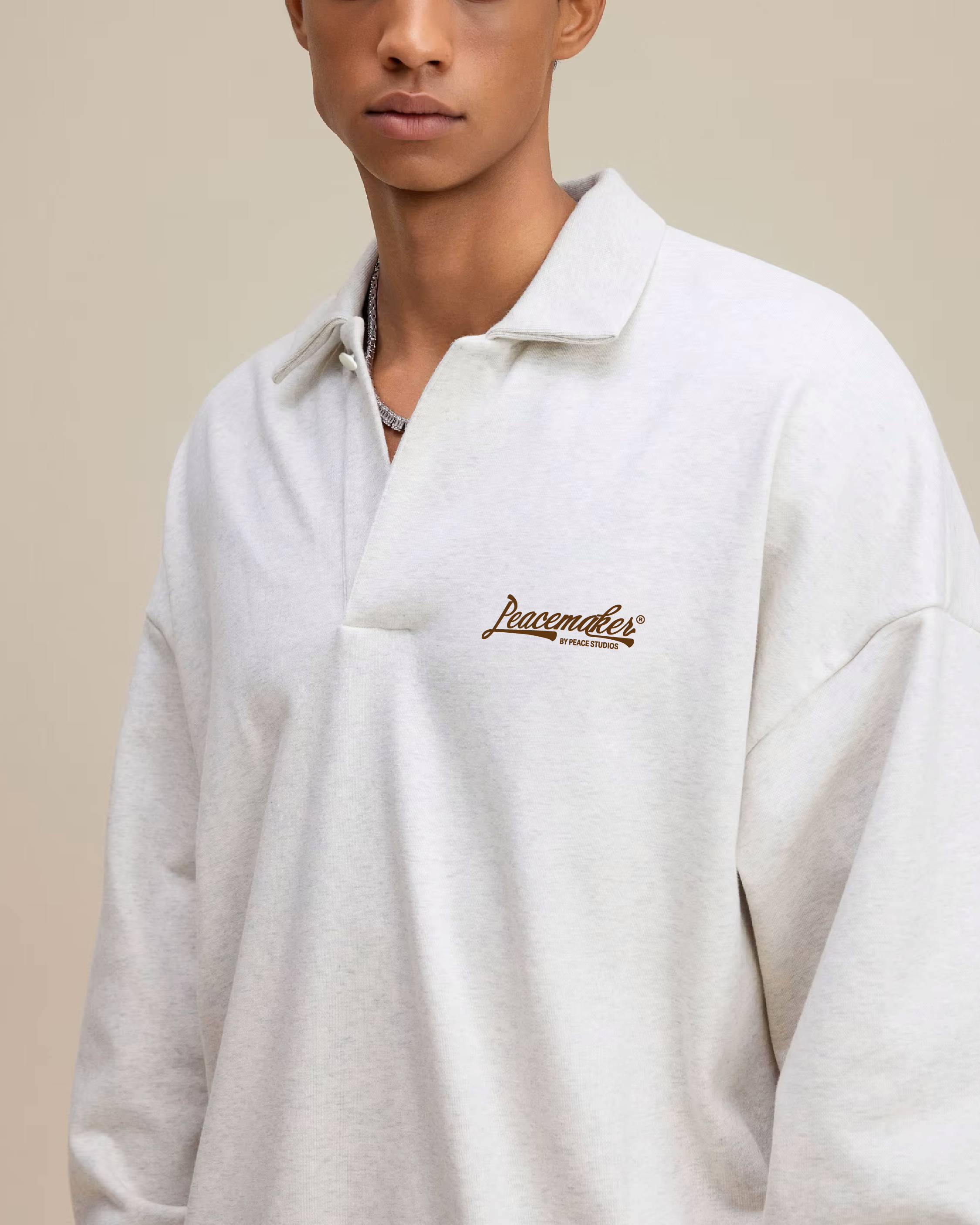 Peacemaker Heavyweight Oat Gray Fleece Polo Sweatshirt | Peace®