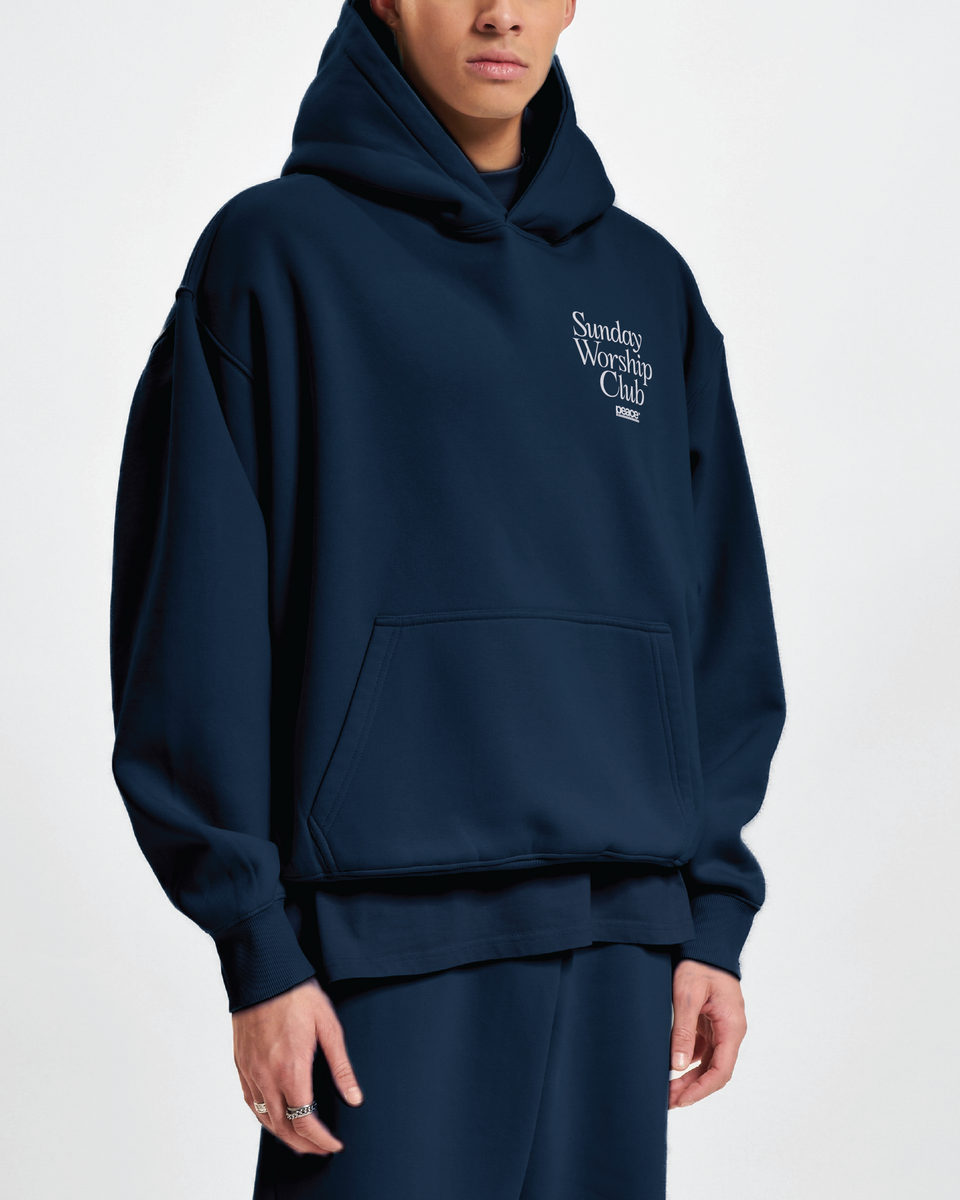 Sunday Worship Club Navy Blue Oversized Heavyweight Hoodie | Peace®