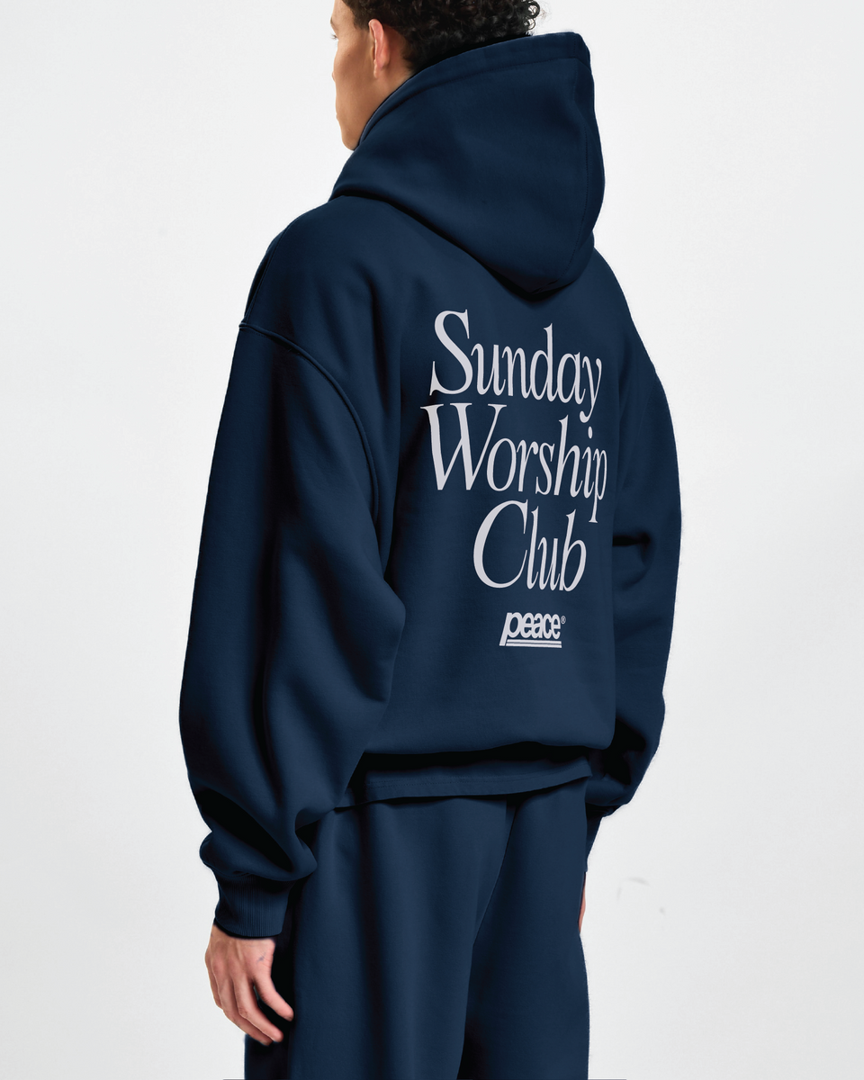 Sunday Worship Club Navy Blue Oversized Heavyweight Hoodie | Peace®