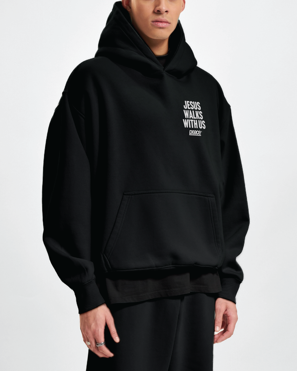 Jesus Walks With Us Black Oversized Heavyweight Hoodie | Peace®