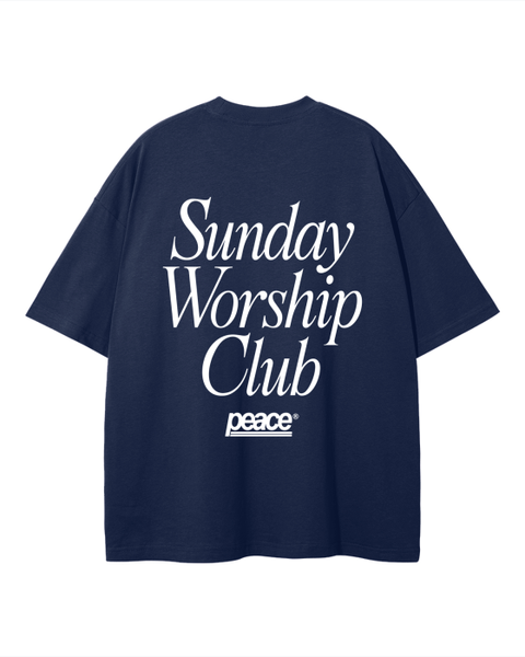 Sunday Worship Club Navy Blue Loose Fit Heavyweight Tee | Peace®