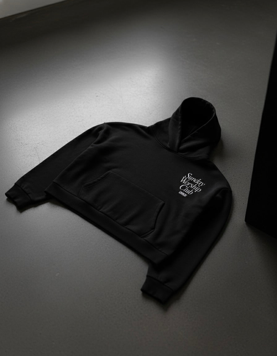 Sunday Worship Club Premium Black Boxy Hoodie | Peace®