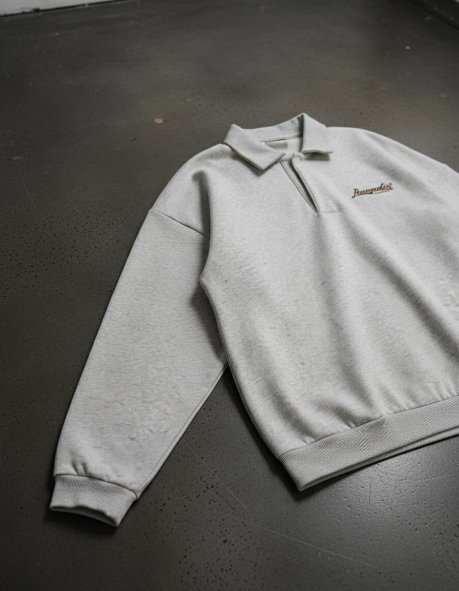 Peacemaker Heavyweight Oat Gray Fleece Polo Sweatshirt | Peace®